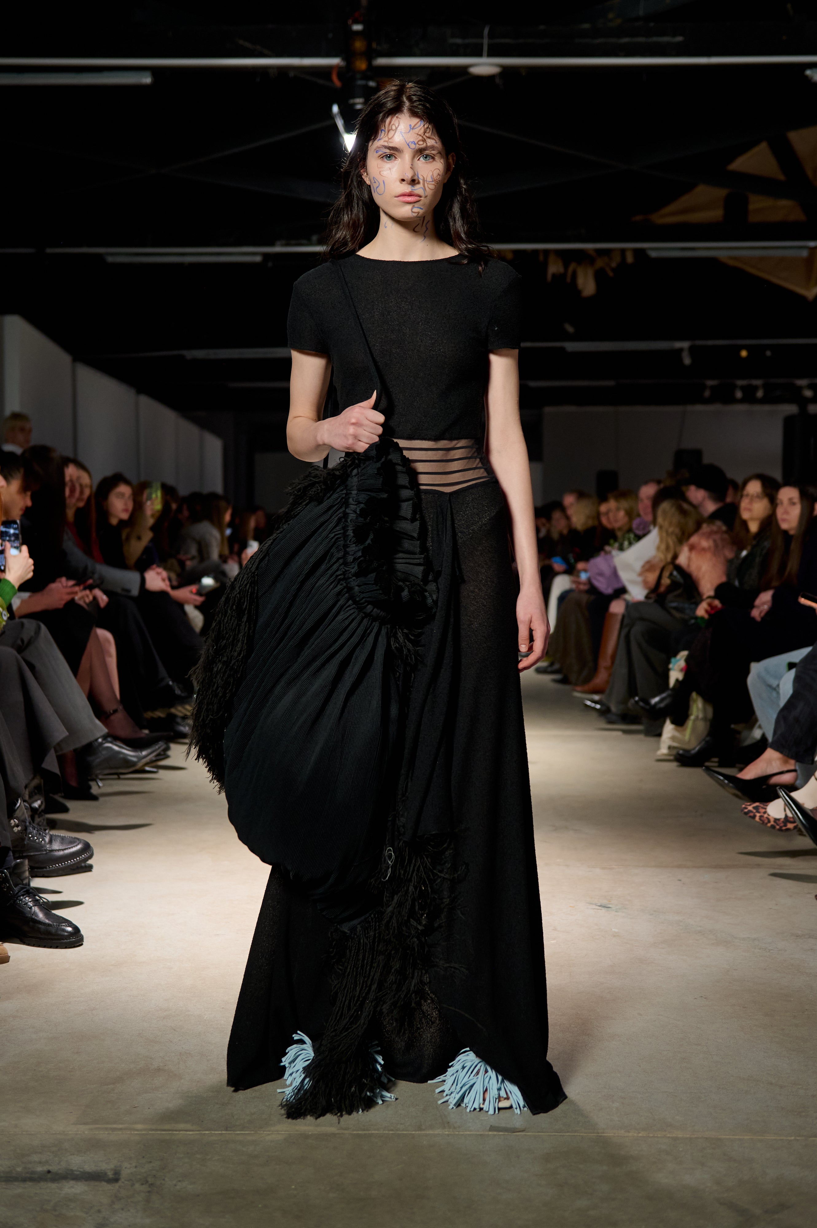Knitted black dress with sheer ribbons