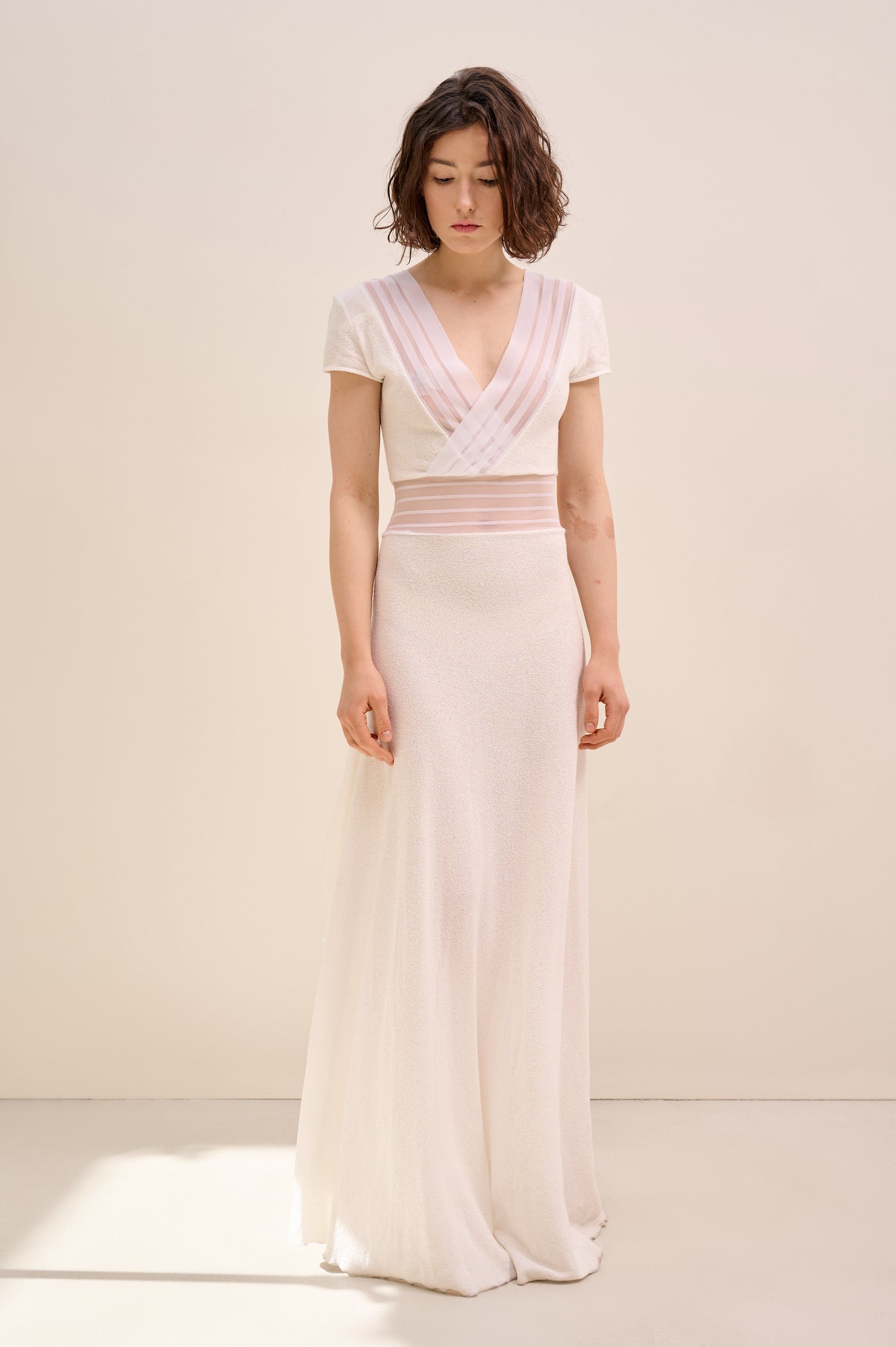White knitted dress with sheer ribbons