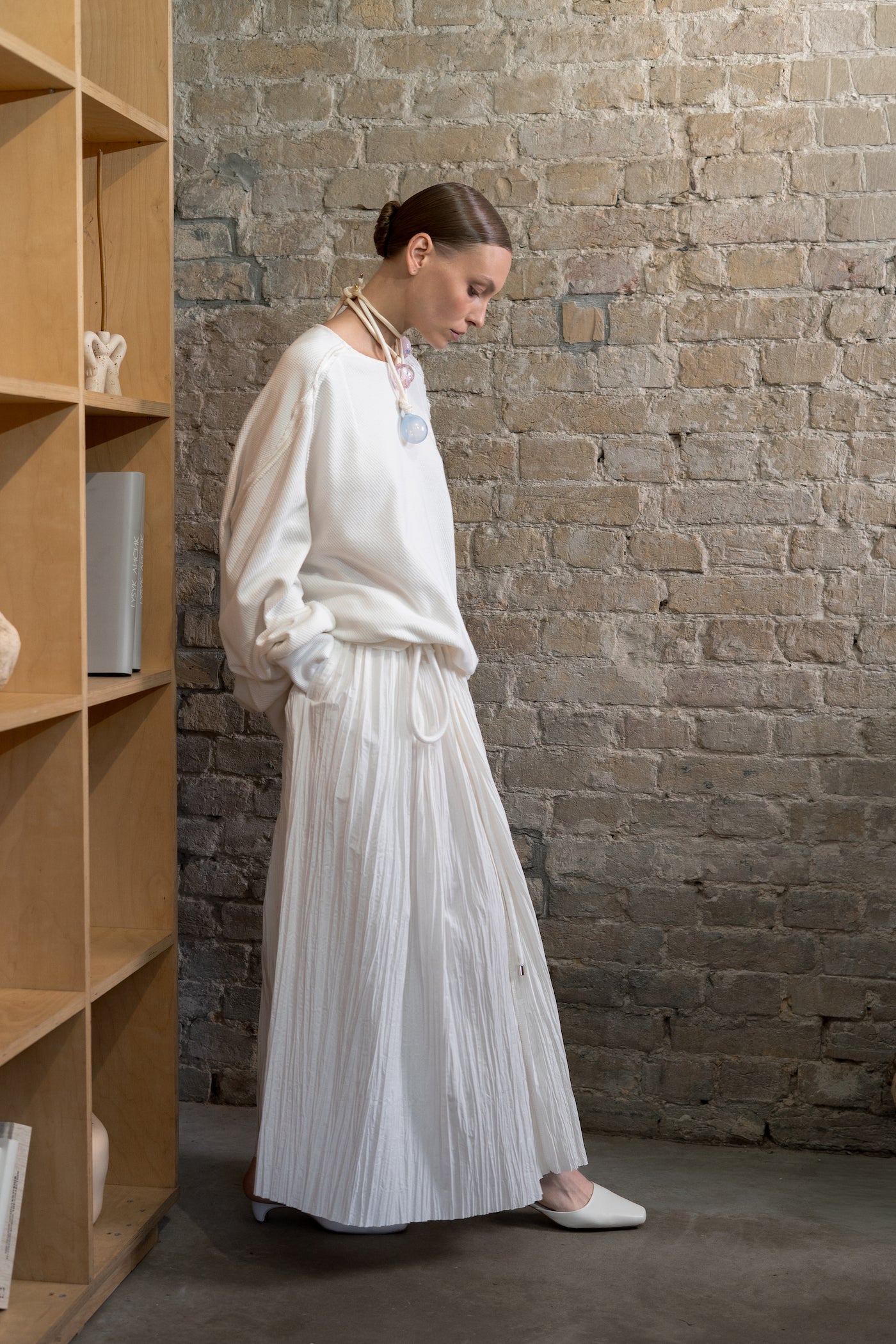 Silk-trimmed white sweatshirt